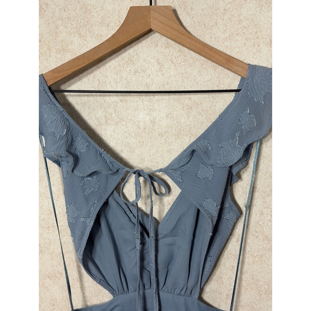 ASTR The Label Maxi Dress Sz Small Dusty Blue Ruffle Cutout Floral Formal Party - Picture 7 of 7